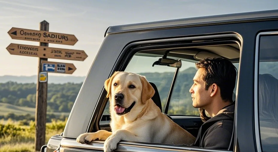 Un golden retriever à côté de son propriétaire dans une voiture garée sur une route panoramique.