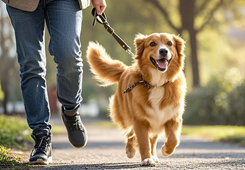 Un chien de taille moyenne se promenant joyeusement dans un parc ensoleillé avec son maître.