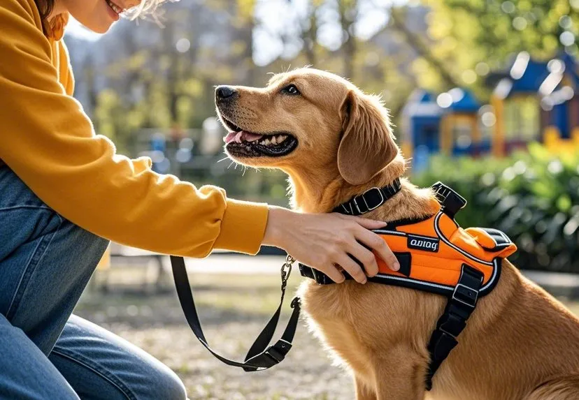 Une personne installe un harnais rembourré sur un chien de taille moyenne dans un parc ensoleillé.
