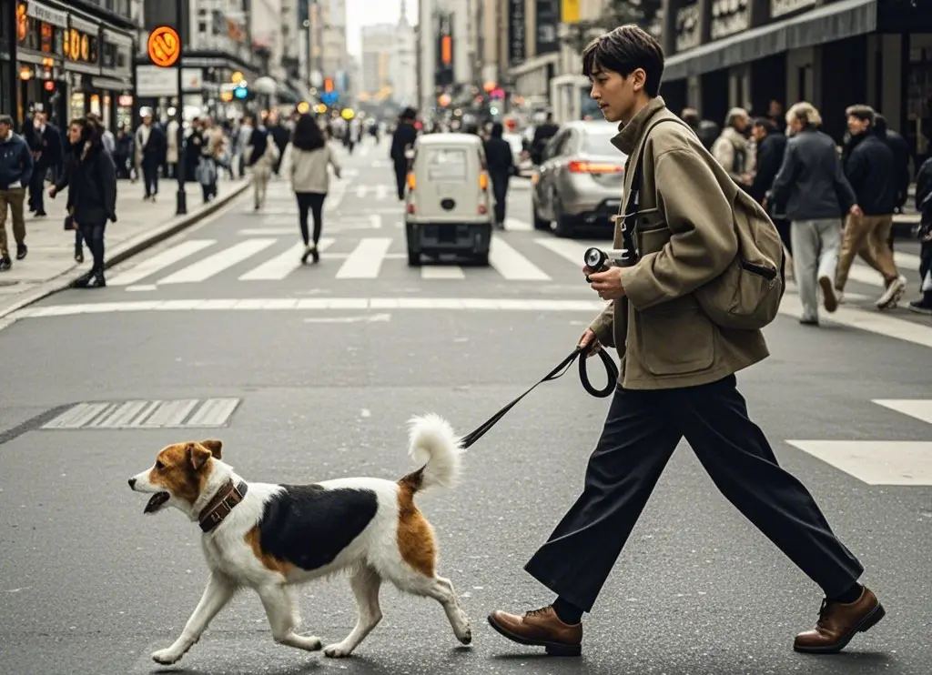 Eine Person geht mit einem mittelgroßen Hund auf einer belebten Straße in der Stadt spazieren.