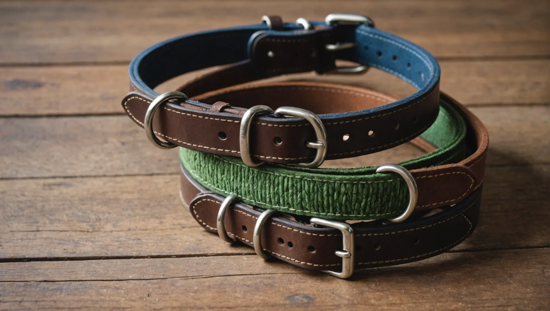 Collars for active dogs made from leather, hemp, and neoprene displayed on a wooden table.