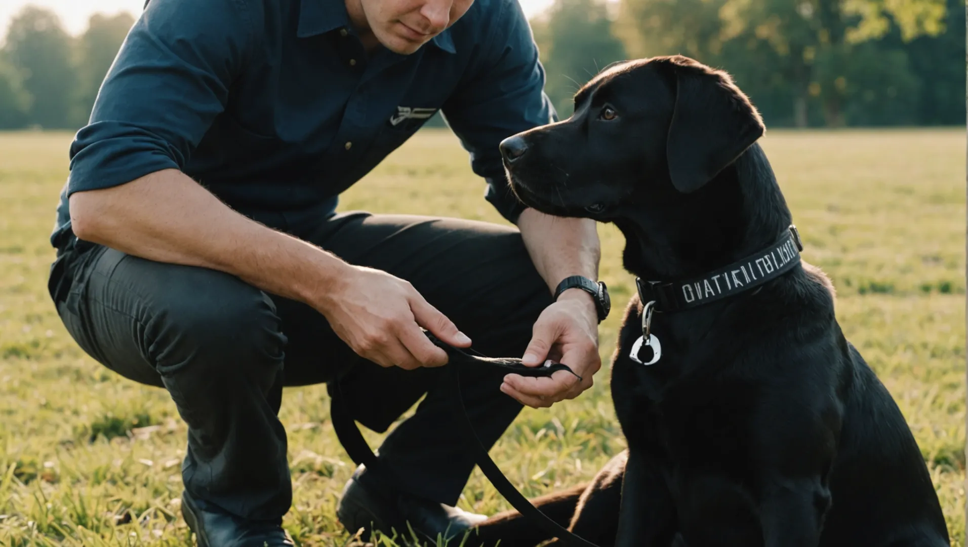 Persona que ajusta el collar de un perro con dos dedos por debajo del collar