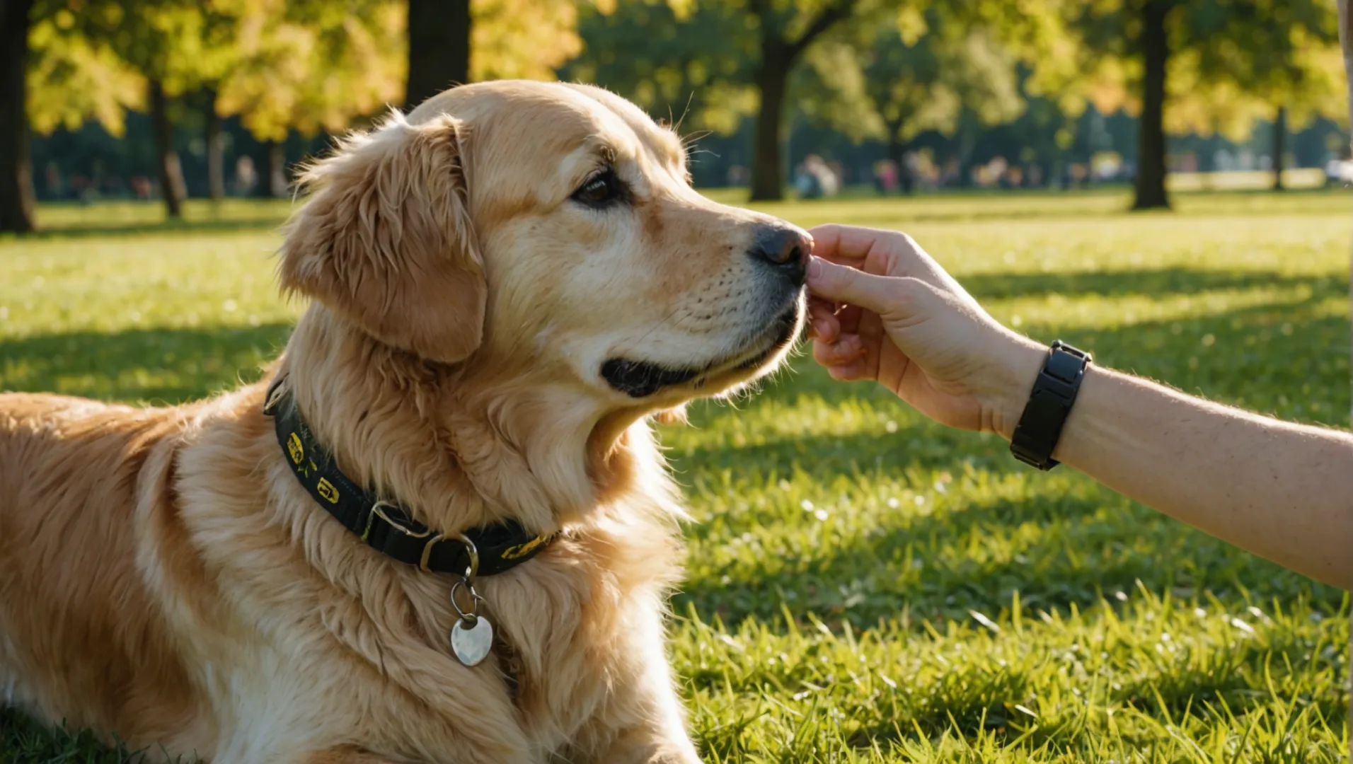 Personne ajustant le collier d'un chien à l'aide de deux doigts