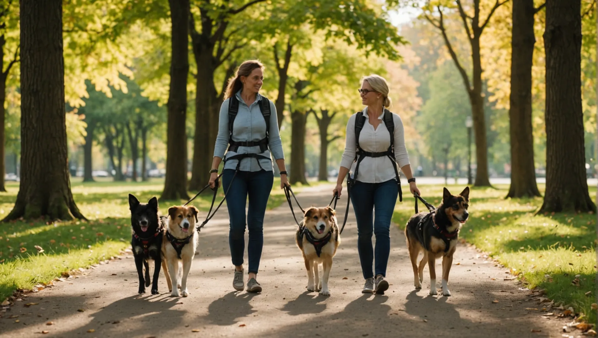 Dogs wearing back-clip harnesses while walking with their owners in a park