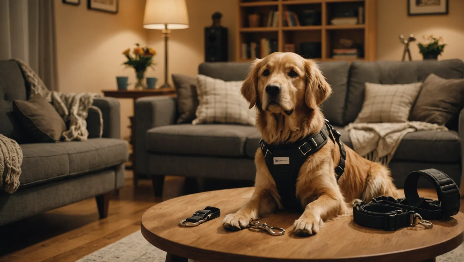 Various dog harness shapes on a table with a Golden Retriever