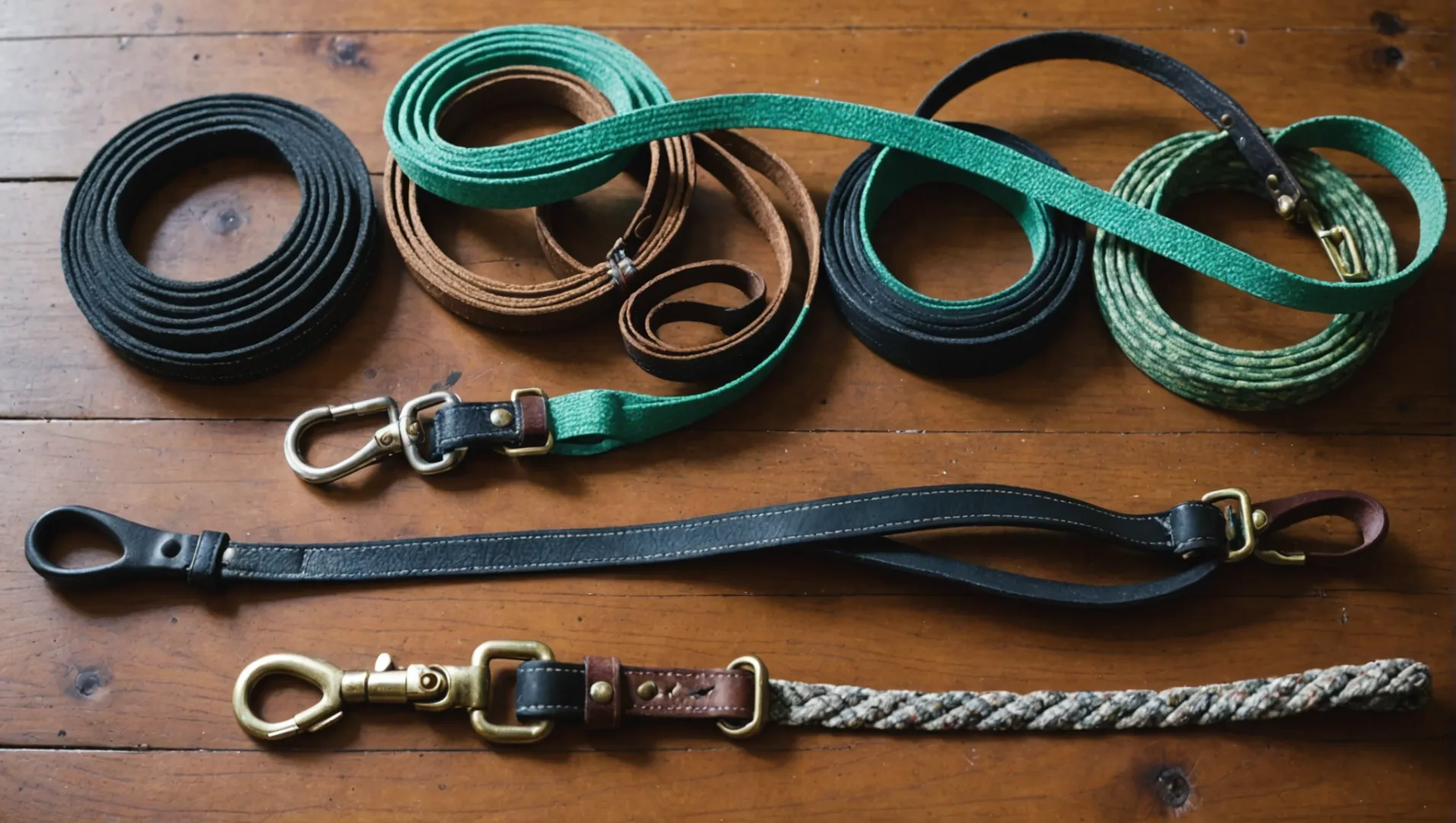 Various dog leashes made from different materials displayed on a wooden surface.