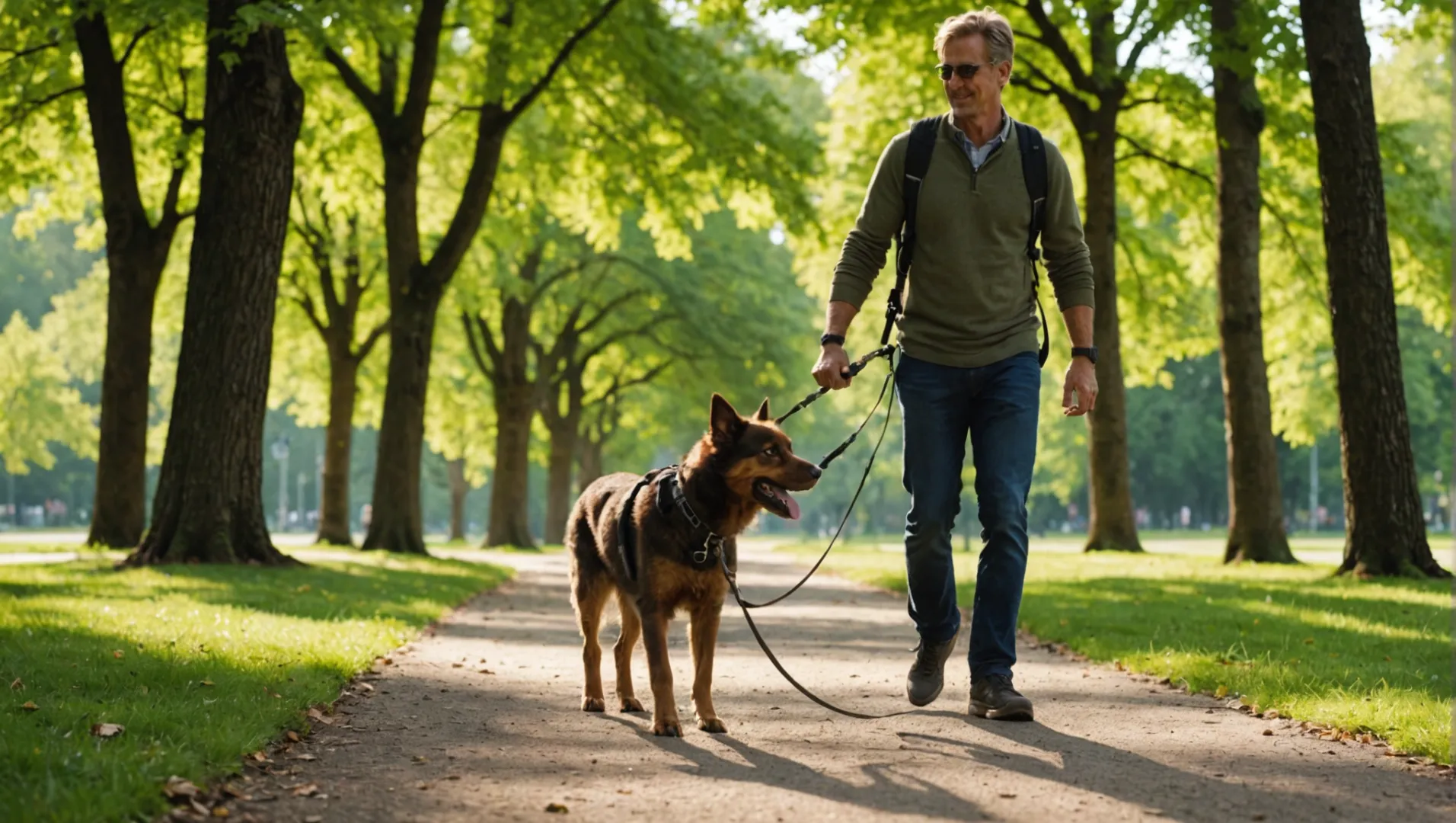 Chien en laisse élastique marchant dans un parc