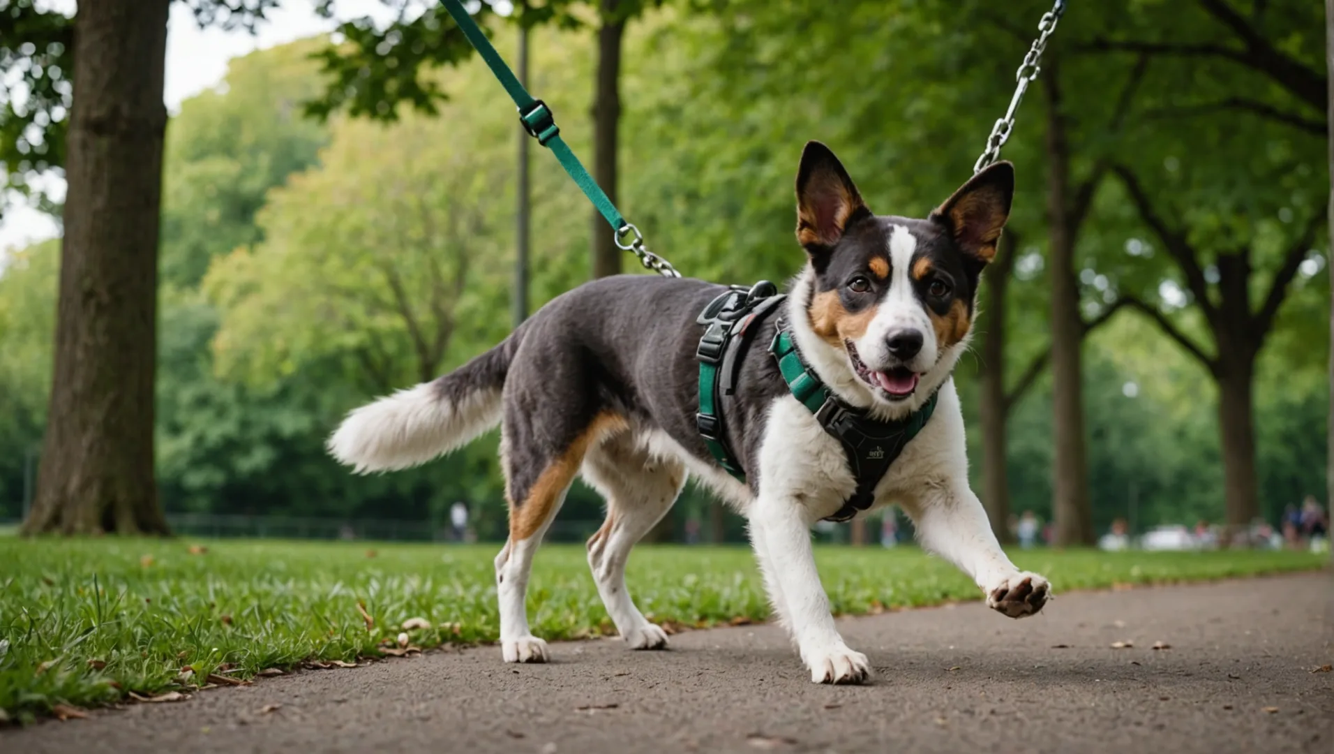 Un perro tira de una correa elástica en un parque, mostrando la elasticidad y la absorción de tensión en acción.