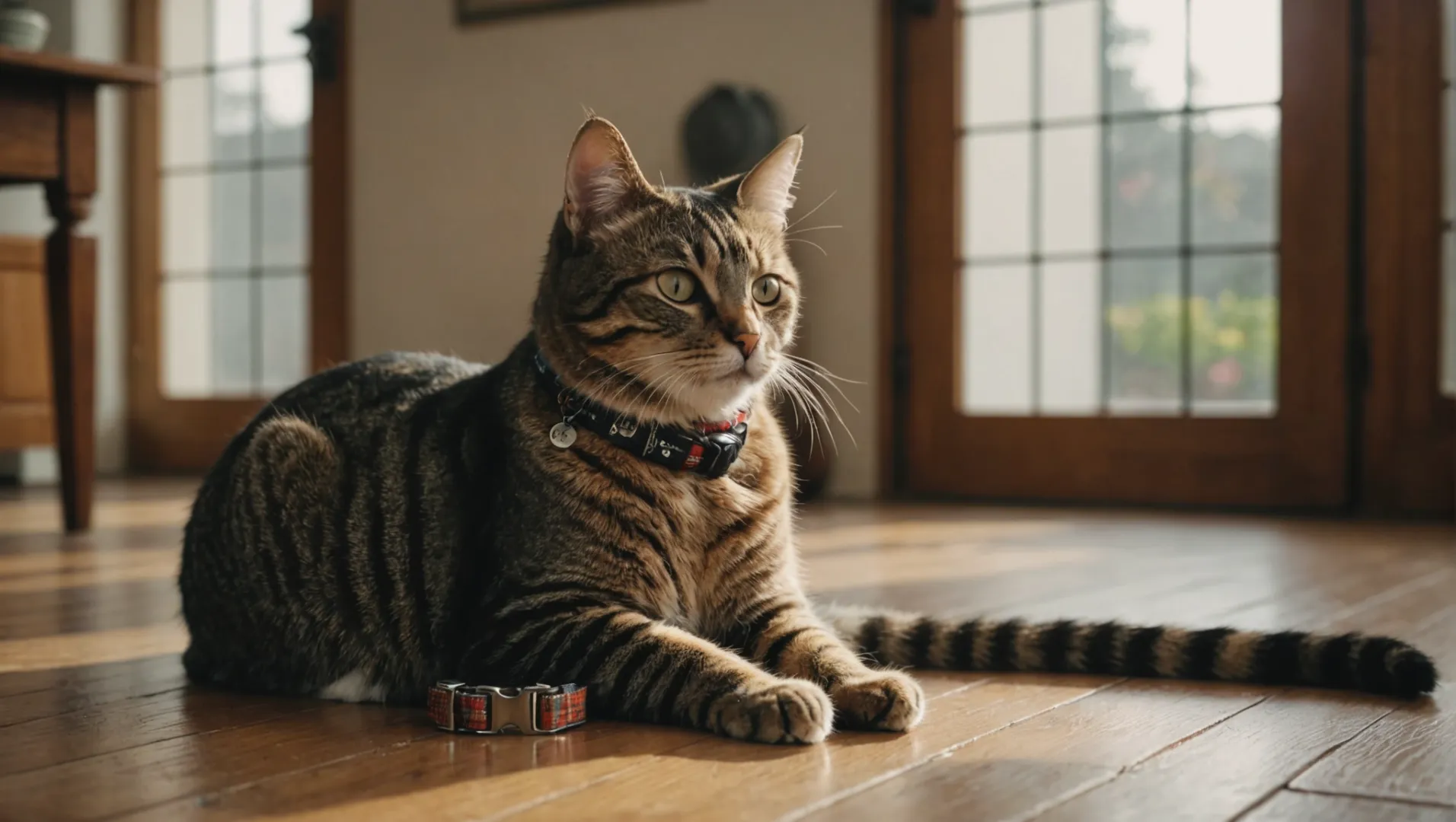 Chat assis avec différentes options de collier affichées autour de lui.