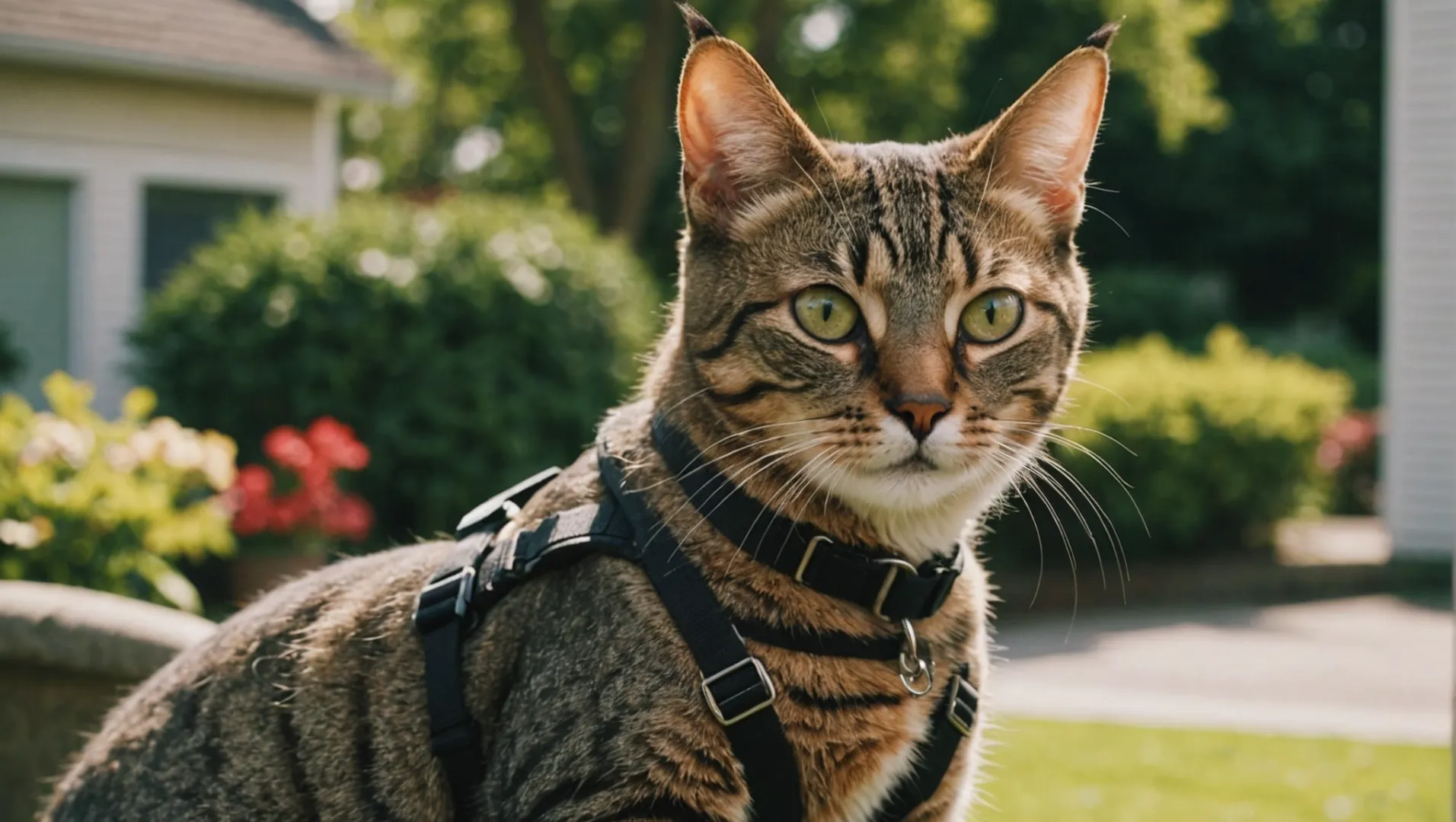 Un gatto che indossa una pettorina inadeguata, mostra segni di disagio e stress.