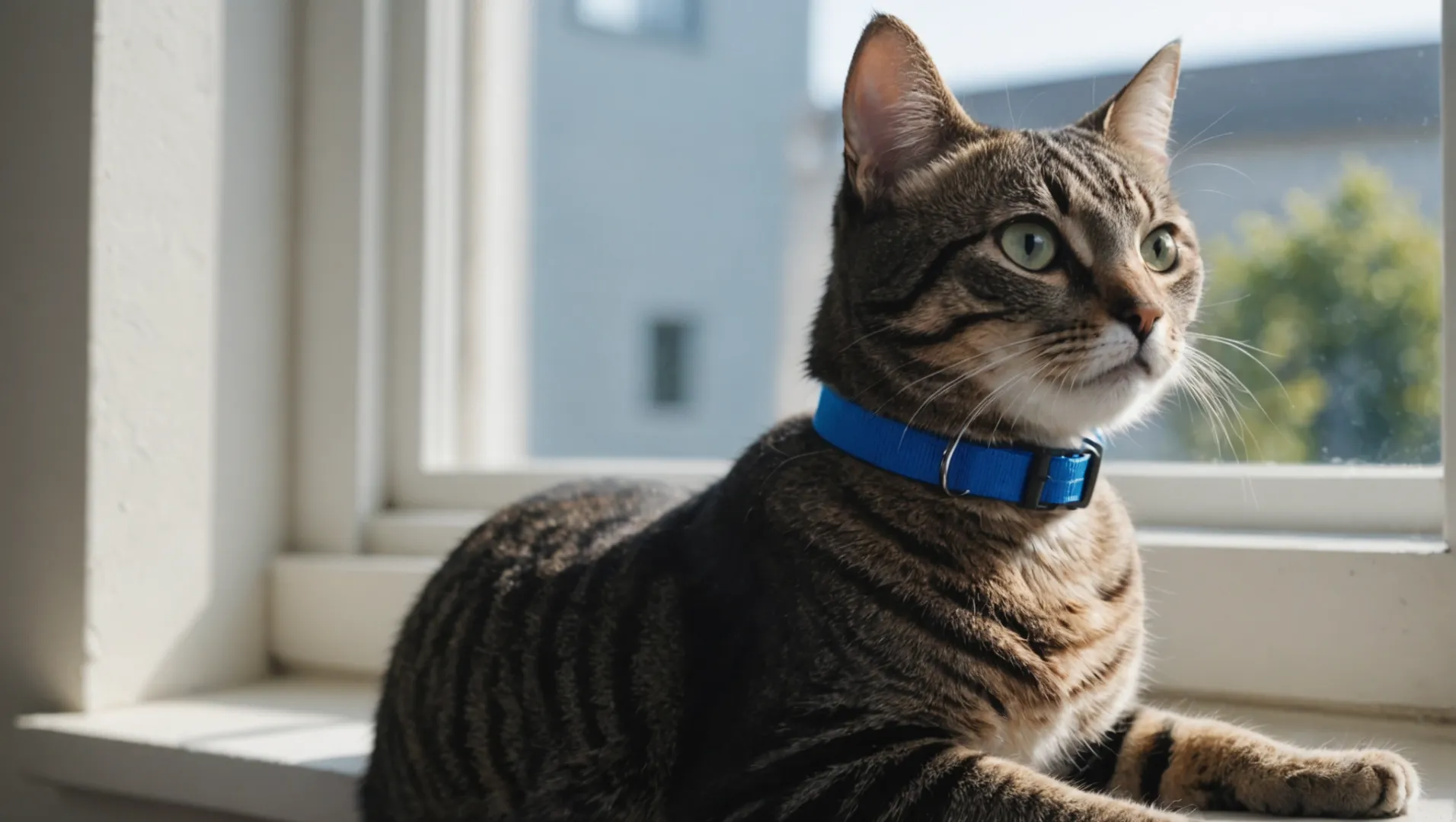 Chat portant un collier à brisure assis sur un rebord de fenêtre