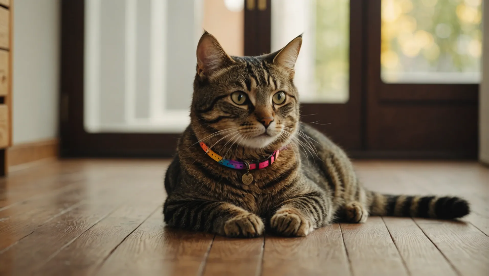 Un chat tabby renifle curieusement un collier posé sur le sol.