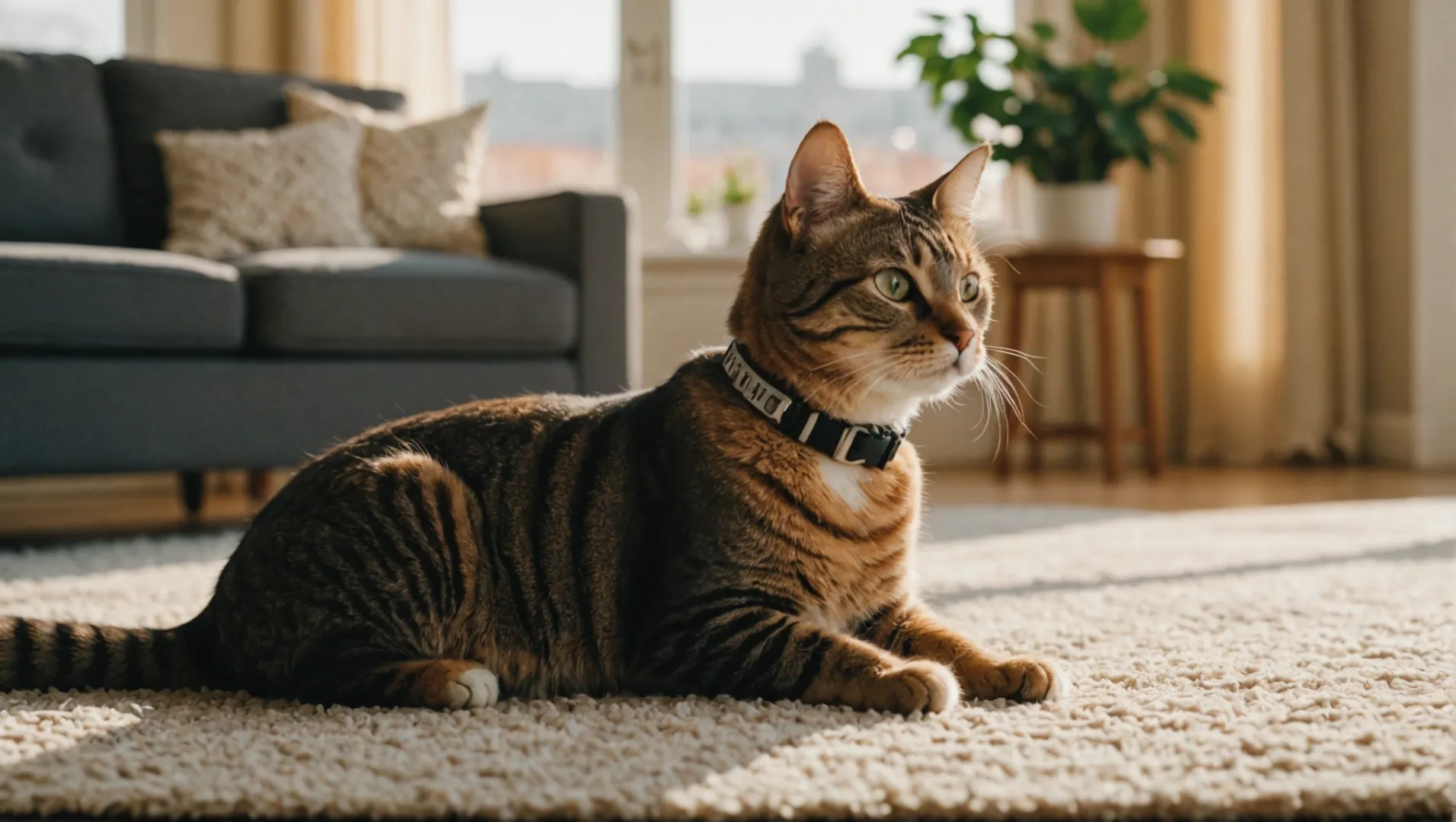 Chat portant un collier de chien avec une expression préoccupée