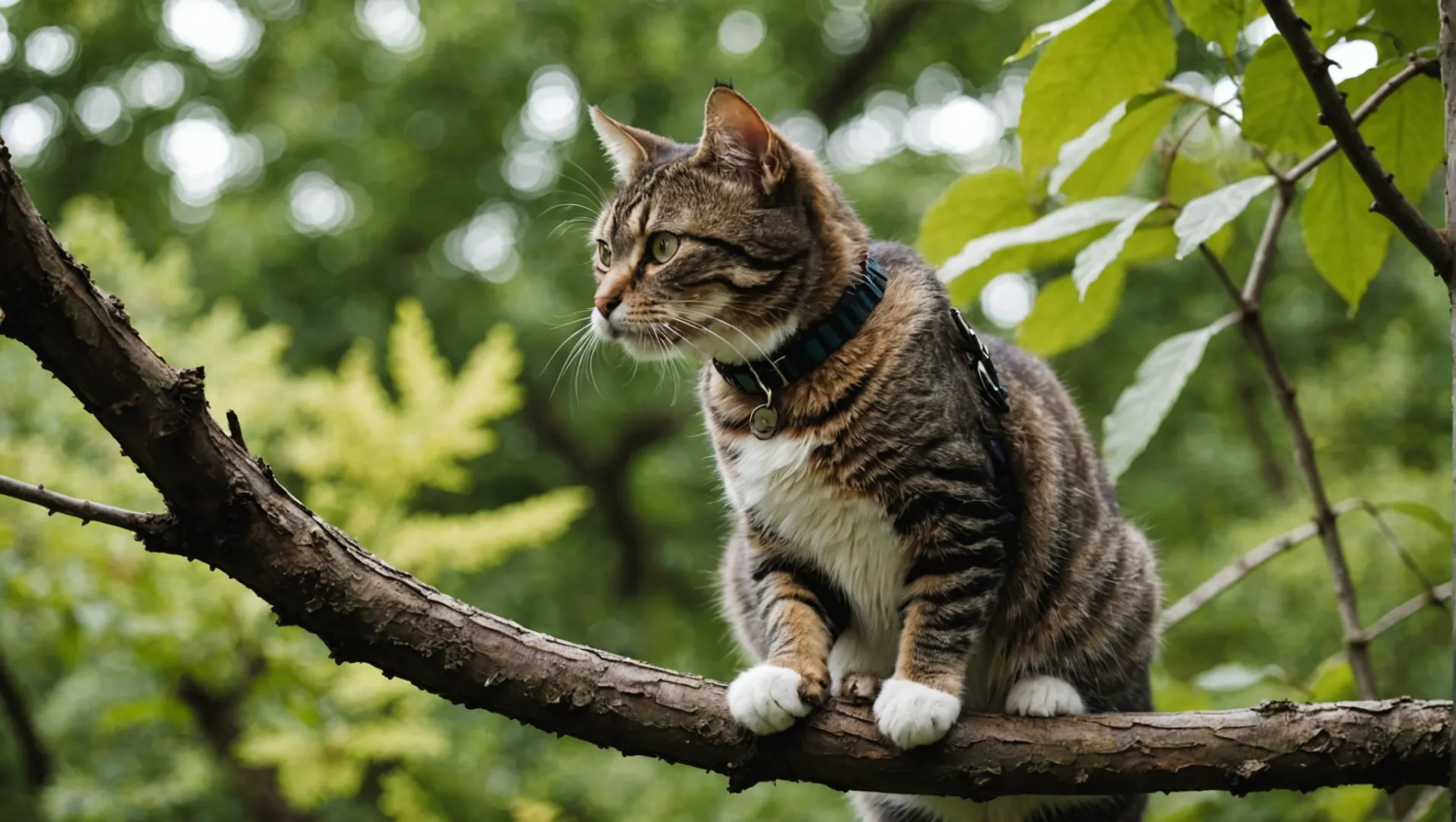 Un chat se débattant avec un collier de chien accroché à une branche.