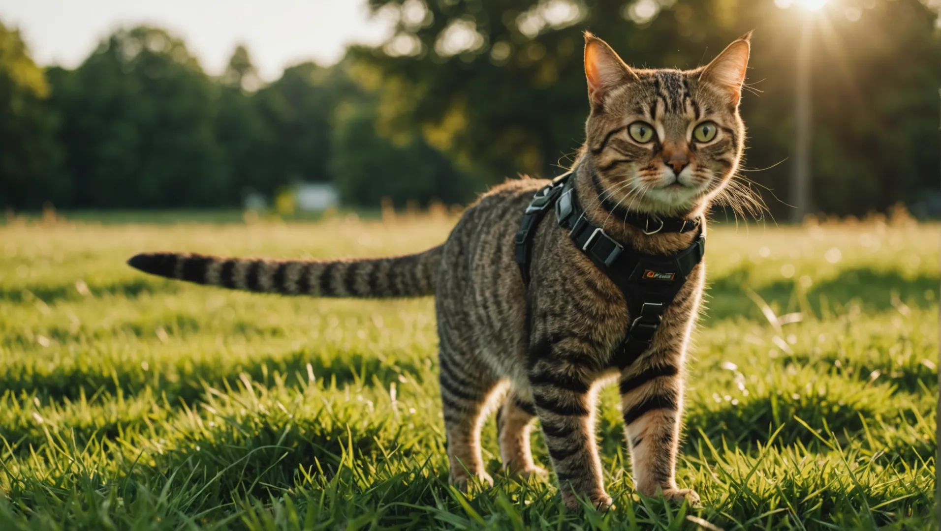 Gatto con pettorina in un campo erboso