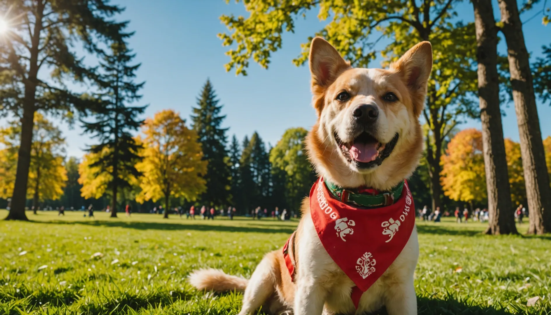 Un chien joyeux de taille moyenne portant un bandana rouge dans un parc ensoleillé