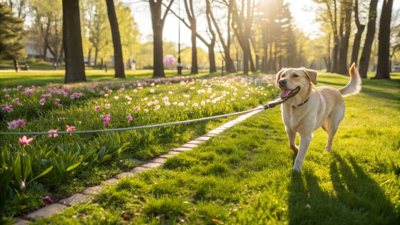 Ein fröhlicher Hund beim Spaziergang in einem sonnigen Park