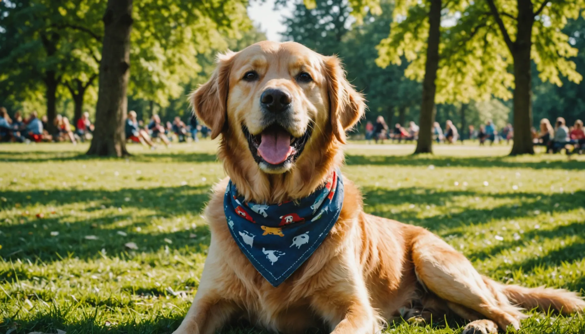 Un golden retriever heureux dans un parc avec un bandana