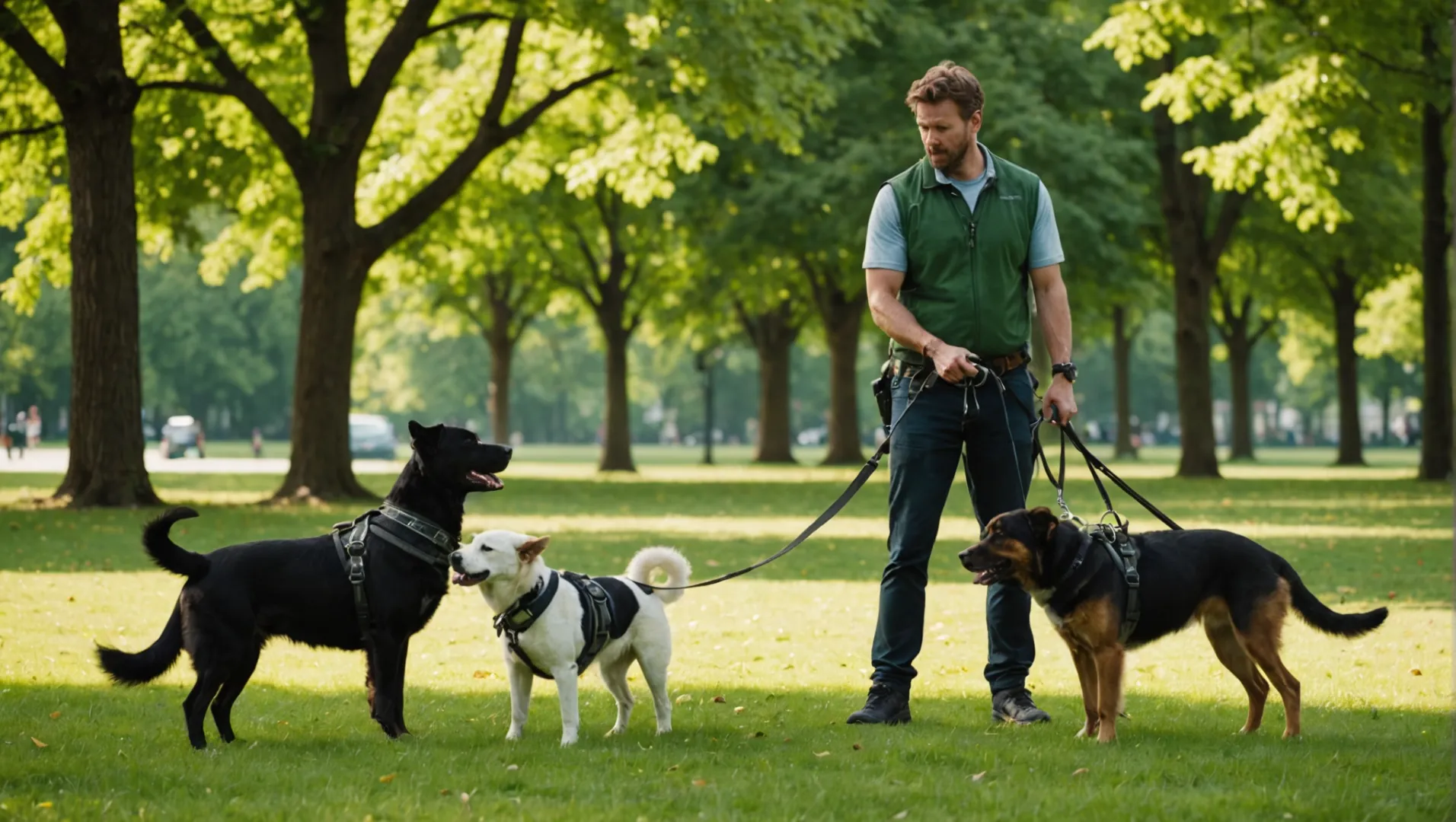 Un cane con collare e un altro con pettorina durante l'addestramento in un parco.
