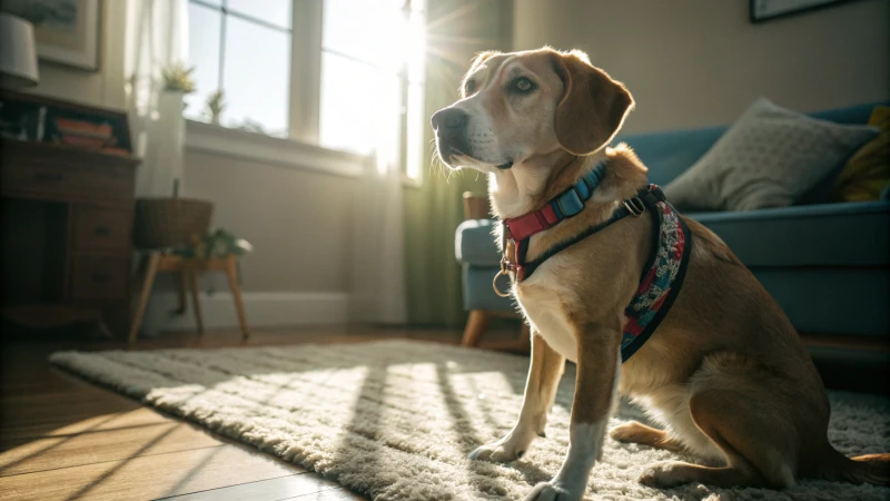 Un chien de taille moyenne à l'expression inquiète, assis sur un tapis, regardant un harnais pour chien coloré à proximité.