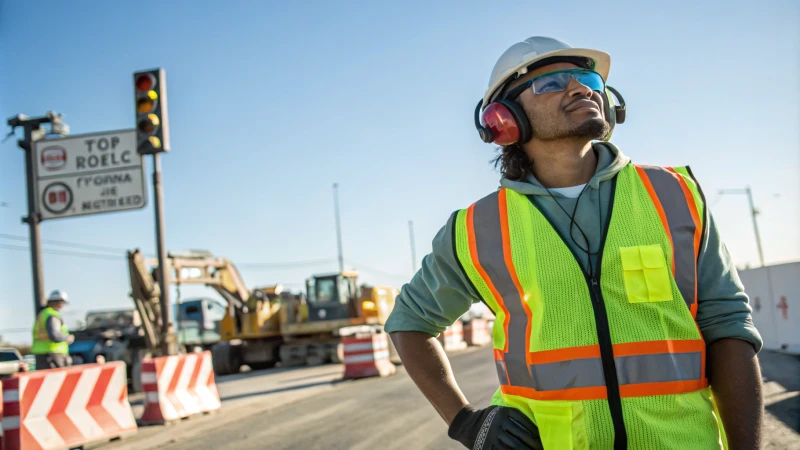 Ein selbstbewusster Bauarbeiter auf einer geschäftigen Baustelle