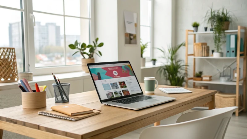 Un bureau moderne avec un élégant bureau en bois et un ordinateur portable