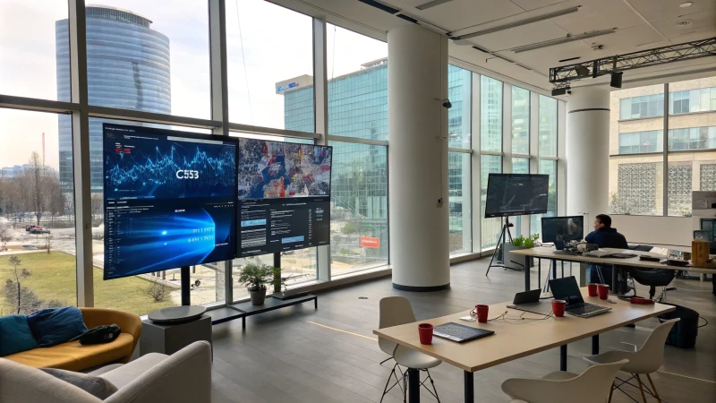 Un espace de bureau moderne doté d'une technologie de pointe et de visualisations de données dynamiques sur des écrans d'ordinateur.