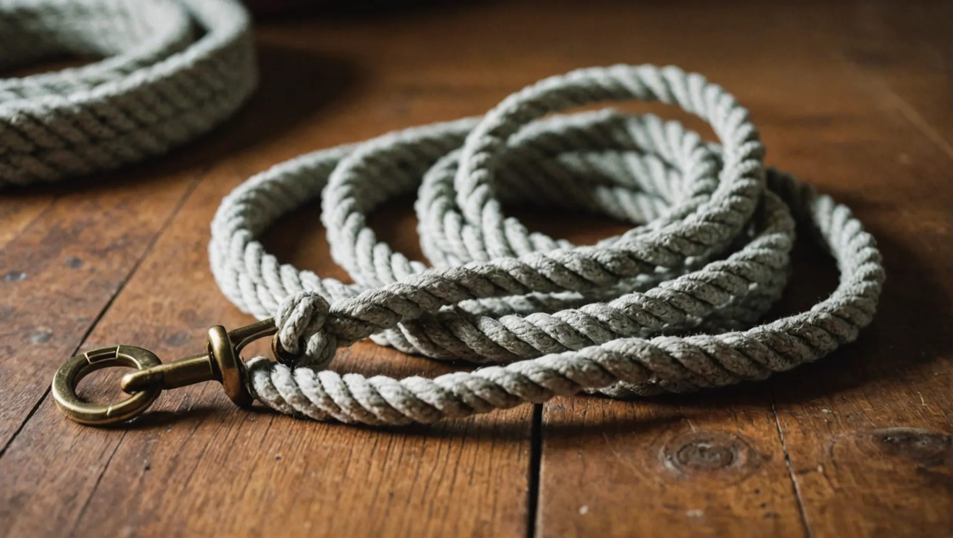 A cotton rope leash lying on a wooden surface, partially wet with slight mold visible.