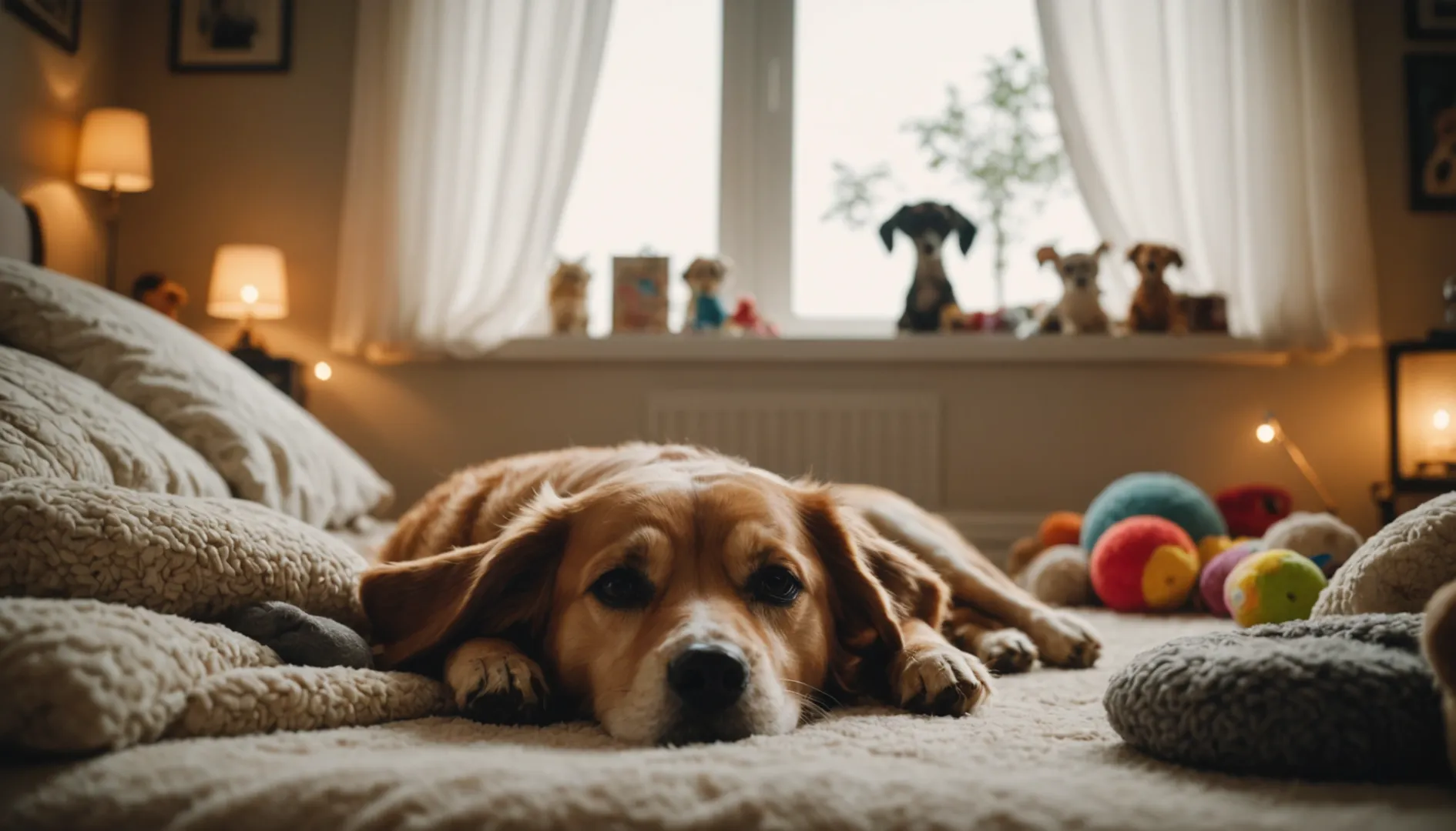 Ein friedlich schlafender Hund auf einem Plüschbett in einem gemütlichen Schlafzimmer