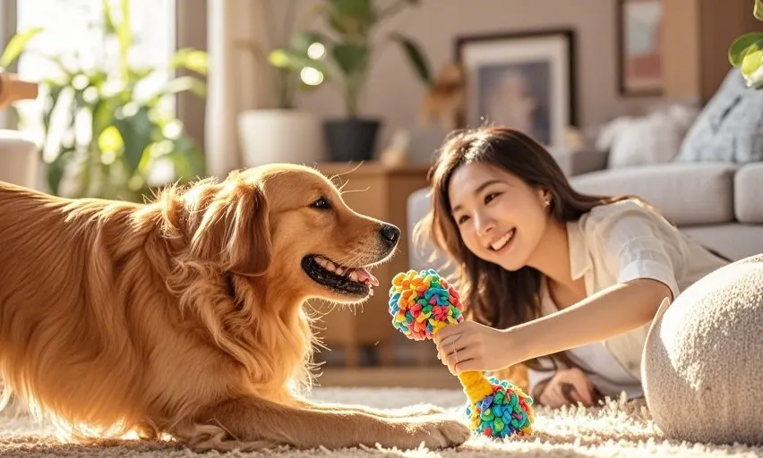 Un golden retriever jouant avec un jouet à mâcher dans un salon confortable avec une femme souriante.