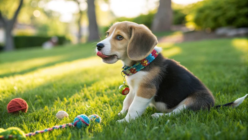 Un adorable chiot assis sur une pelouse verte, mâchant son collier.