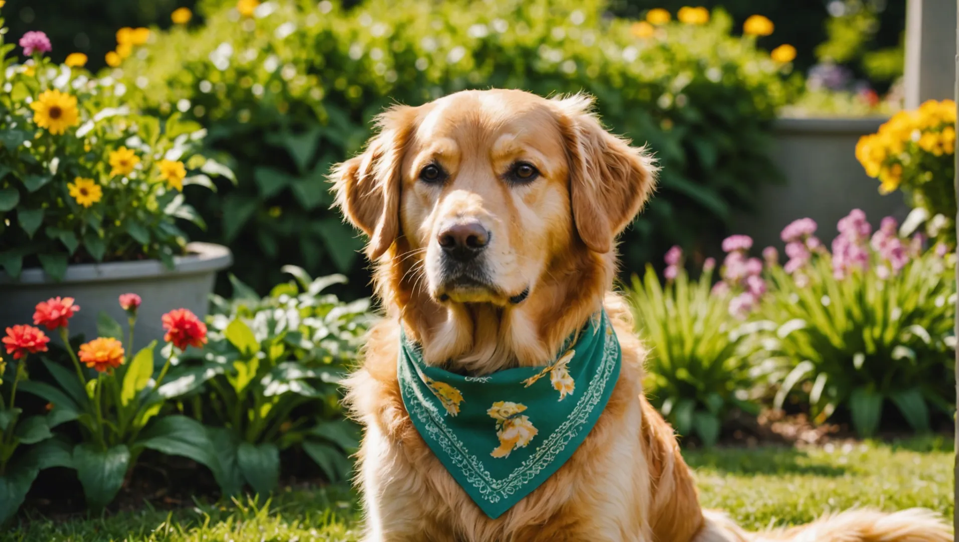 Un cane felice che indossa un'elegante bandana in un giardino