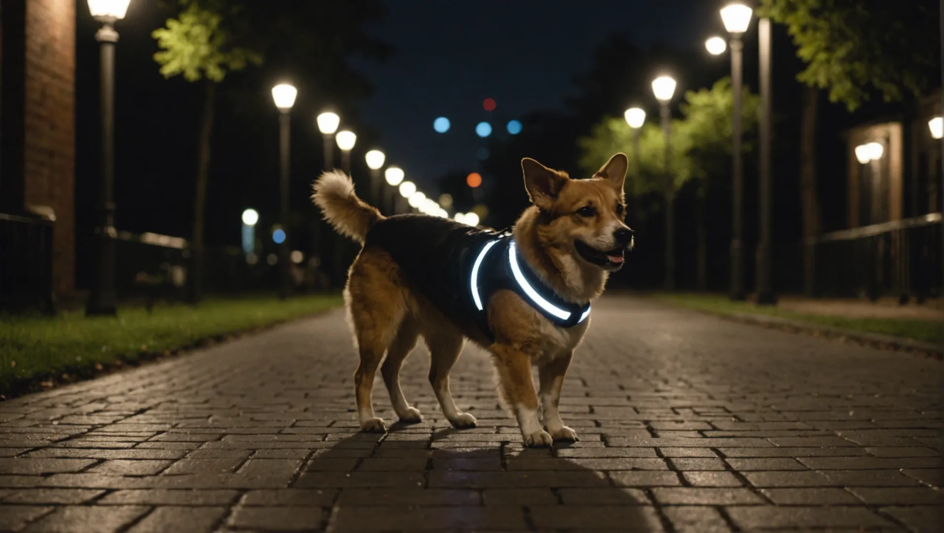 Un perro con un collar cómodo y ajustable con una banda reflectante