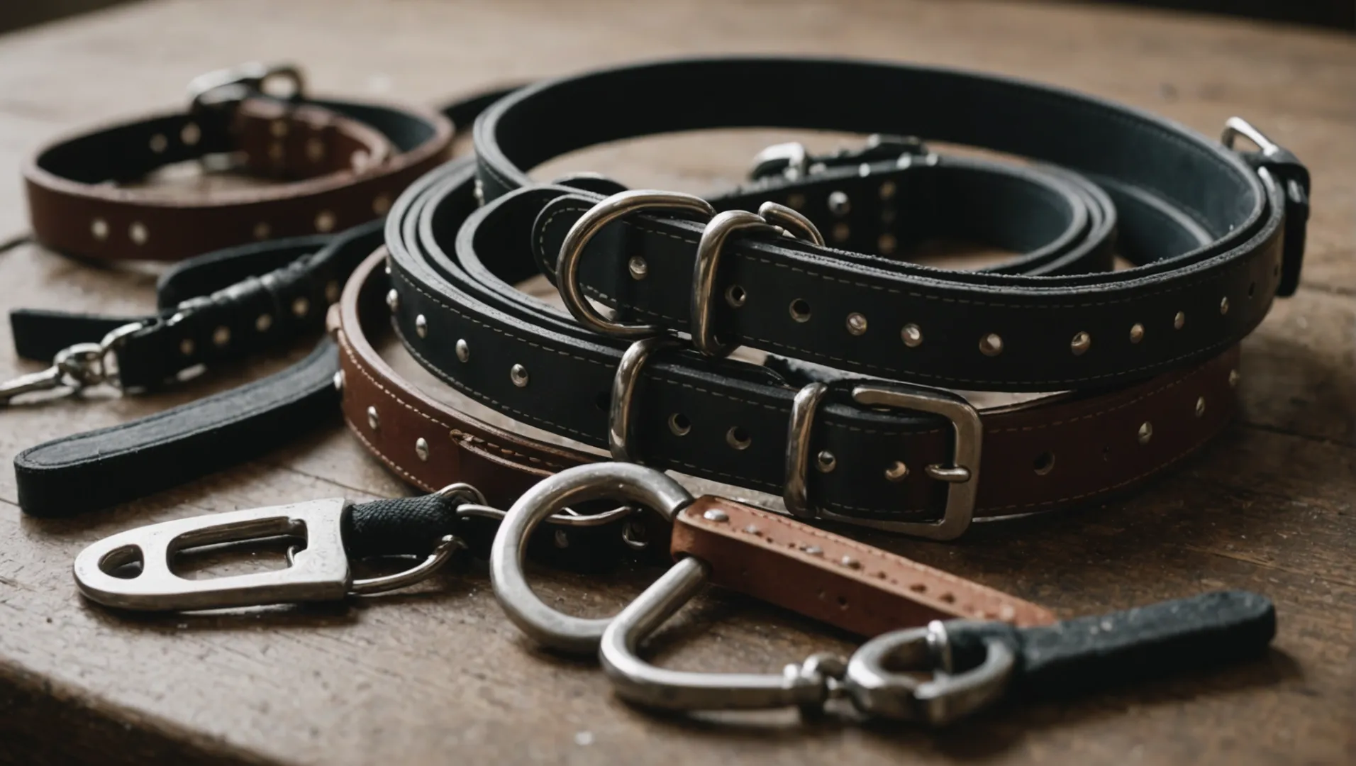 Verschiedene Hundehalsbänder und -geschirre werden gereinigt