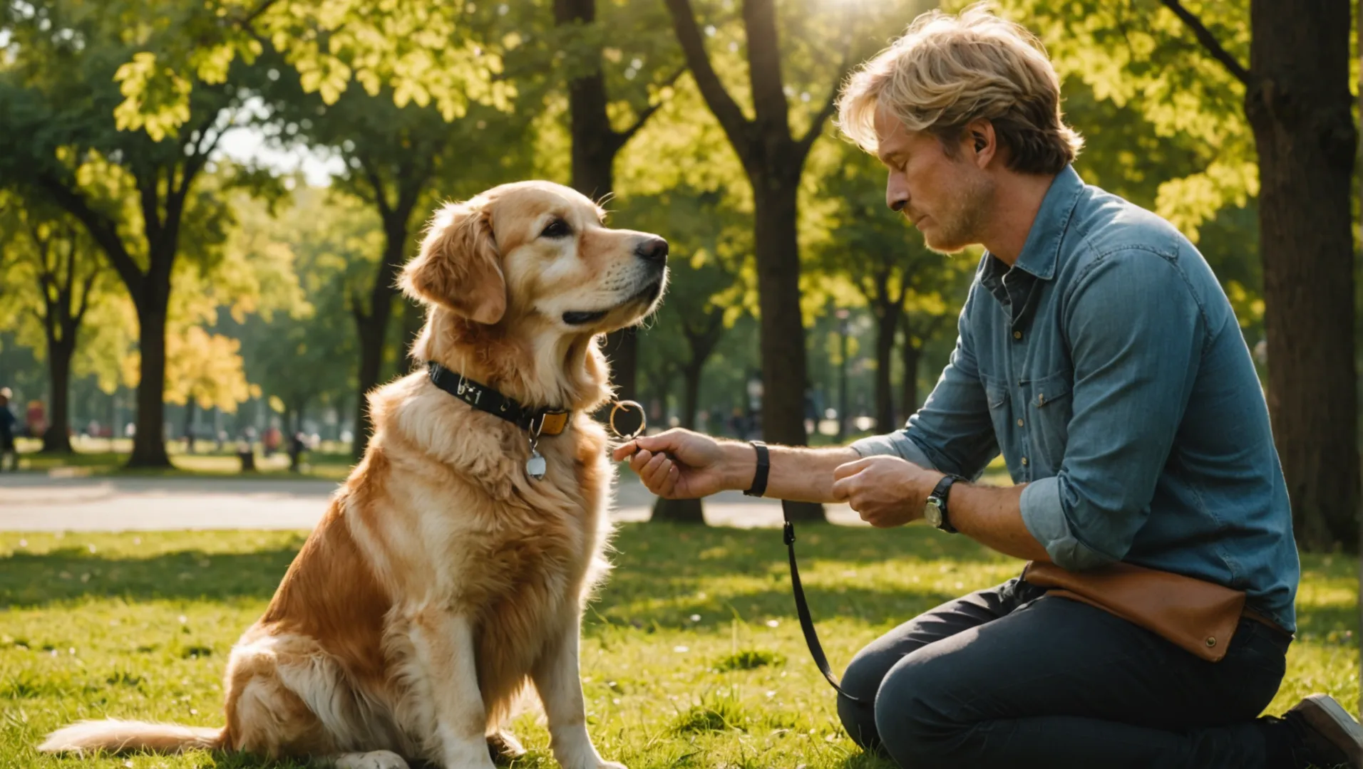 Dueño de un perro comprobando el ajuste de su collar al aire libre