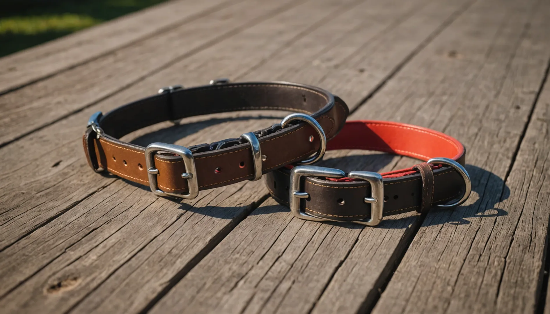 Dos collares de perro sobre una mesa de madera, uno de cuero y otro de nailon.