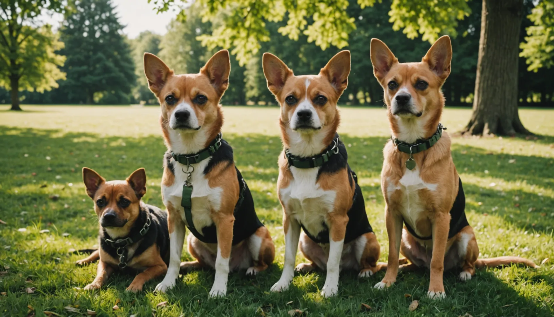 Halsbänder, die für verschiedene Hundegrößen geeignet sind und an verschiedenen Hunden gezeigt werden