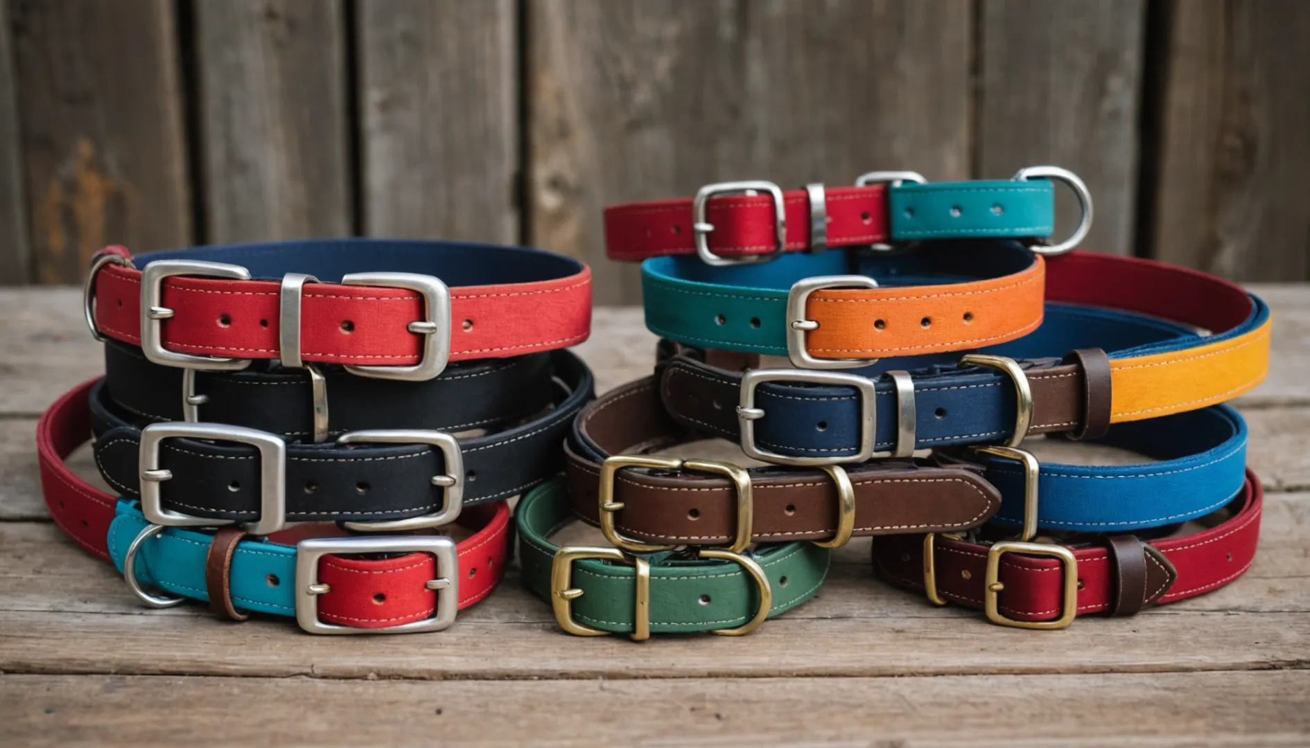 Various dog collars made from different materials on a table