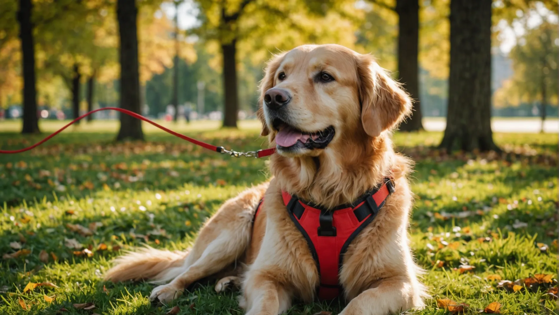 Un golden retriever portant un harnais rouge, assis docilement à côté de son propriétaire dans un parc.