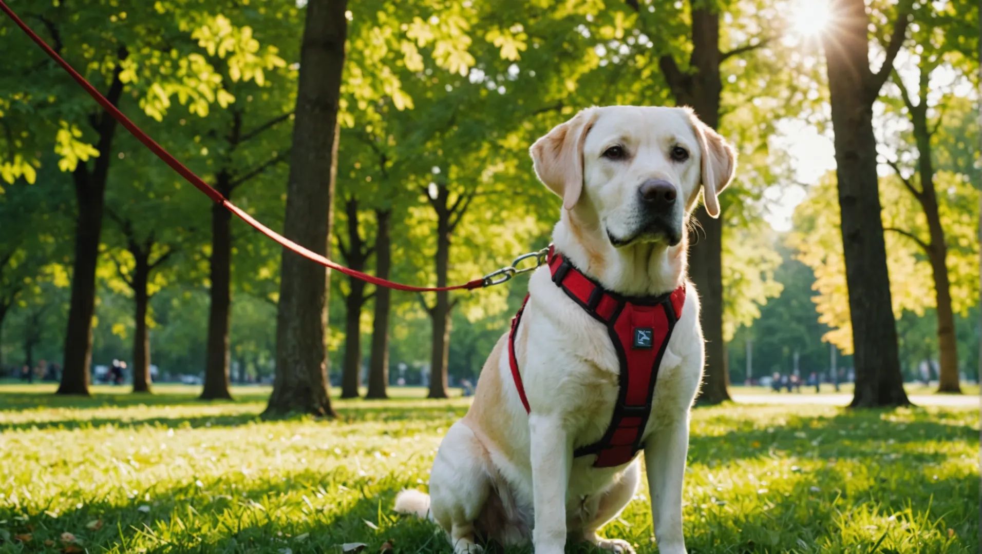 Un perro labrador con arnés rojo paseando por un parque.