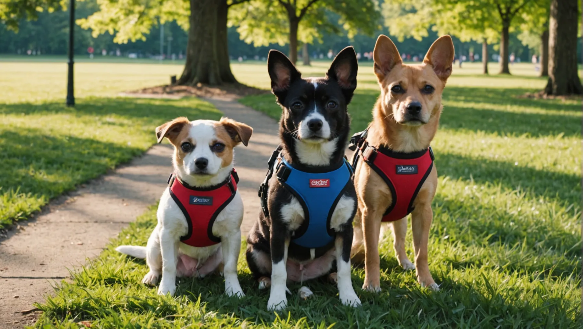 Dog wearing a step-in harness and another dog wearing a vest harness