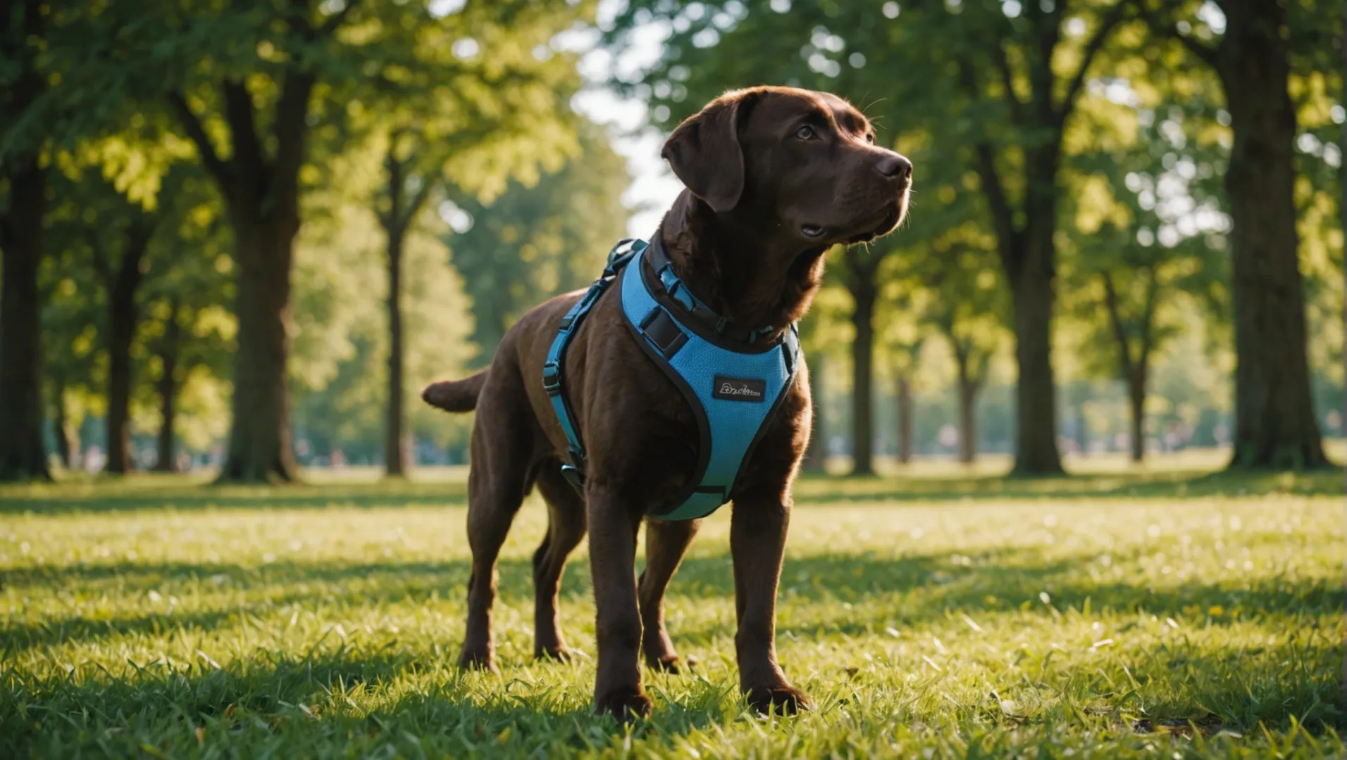 Cane con pettorina in un parco