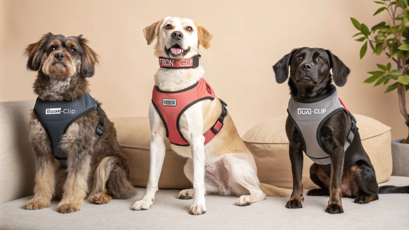 Trois types de harnais pour chiens présentés sur un fond neutre