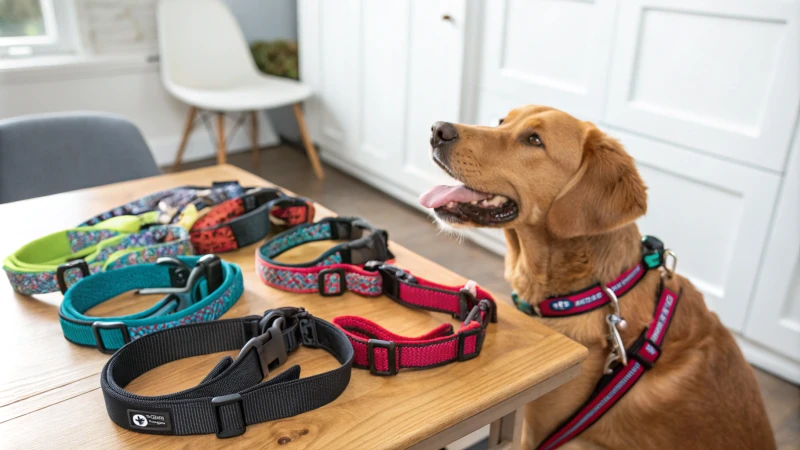 Eine Vielzahl von bunten Hundegeschirren auf einem Holztisch
