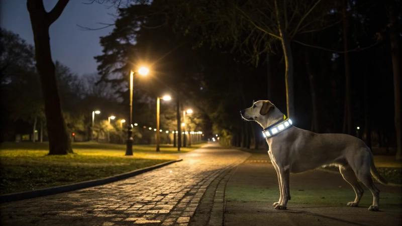 Ein mittelgroßer Hund mit einem reflektierenden Halsband steht in einem schummrigen Park.