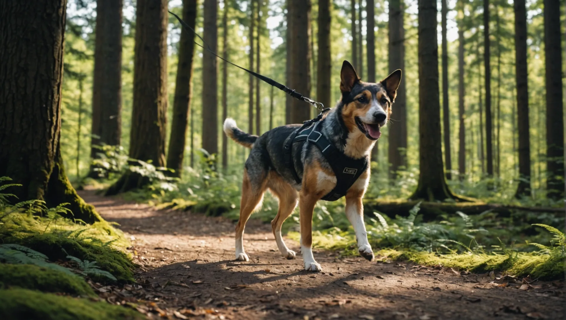 Cane con imbracatura in neoprene che corre nel bosco