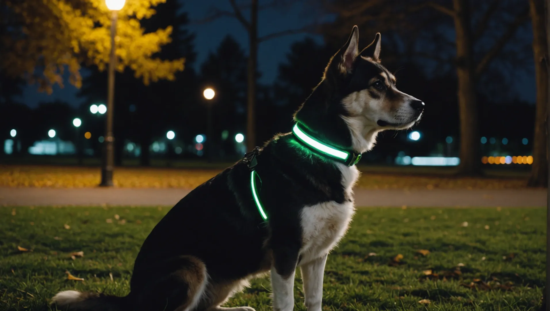 Perro con collar nocturno con luces LED en un parque de noche.