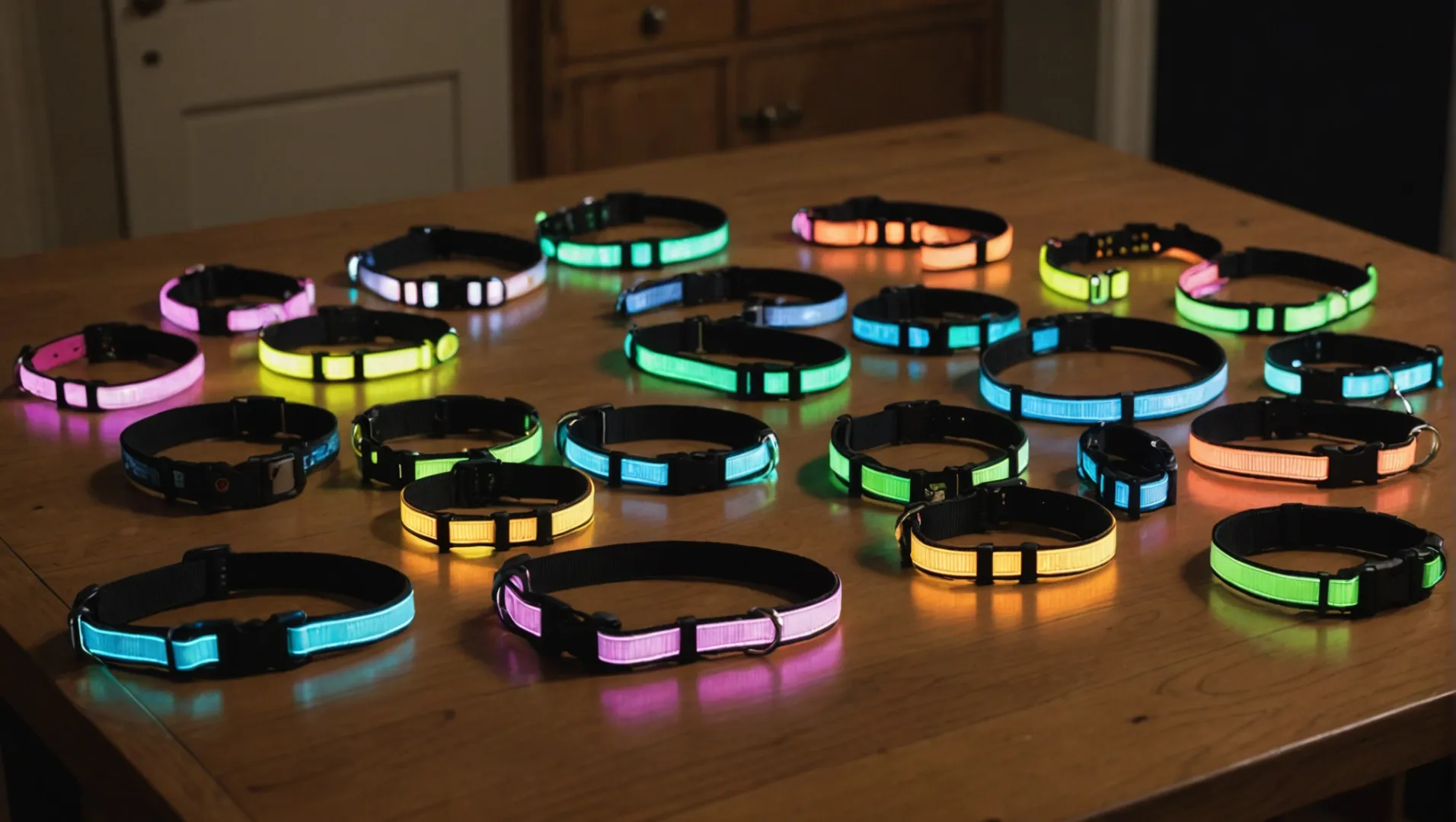 Surtido de collares nocturnos para perros expuestos sobre una mesa de madera