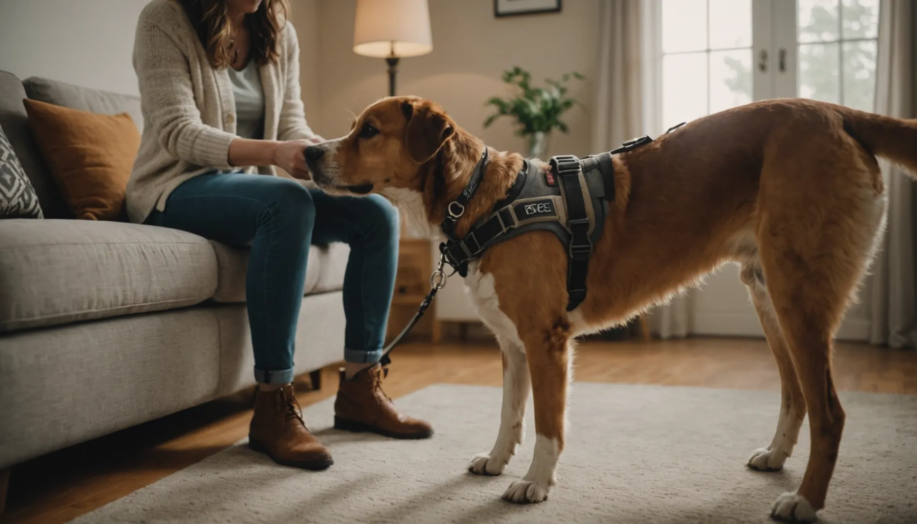 Un propriétaire de chien met doucement un harnais à son chien calme dans une pièce faiblement éclairée.