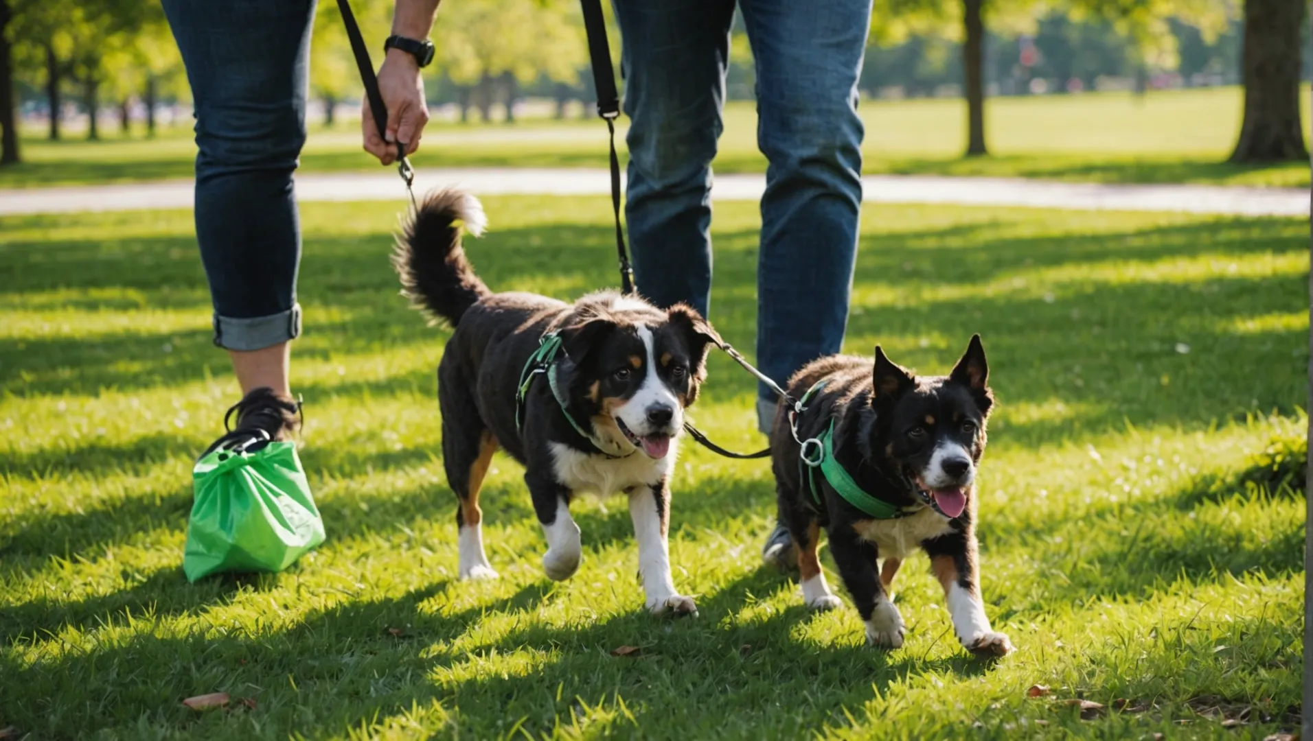 Person, die während eines Spaziergangs einen Hundekotbeutelhalter benutzt